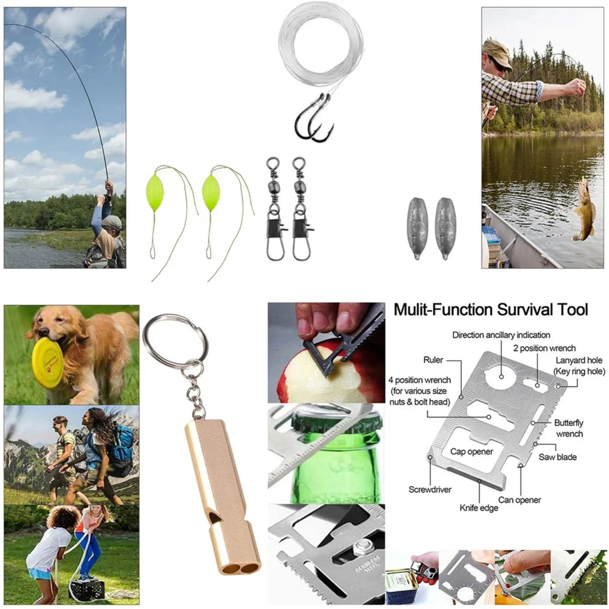 Kit di Sopravvivenza Base - 15 in 1 – Attrezzatura Tattica Multifunzione per Campeggio