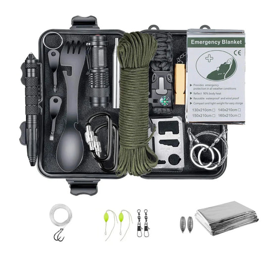 Kit di Sopravvivenza Base - 15 in 1 – Attrezzatura Tattica Multifunzione per Campeggio