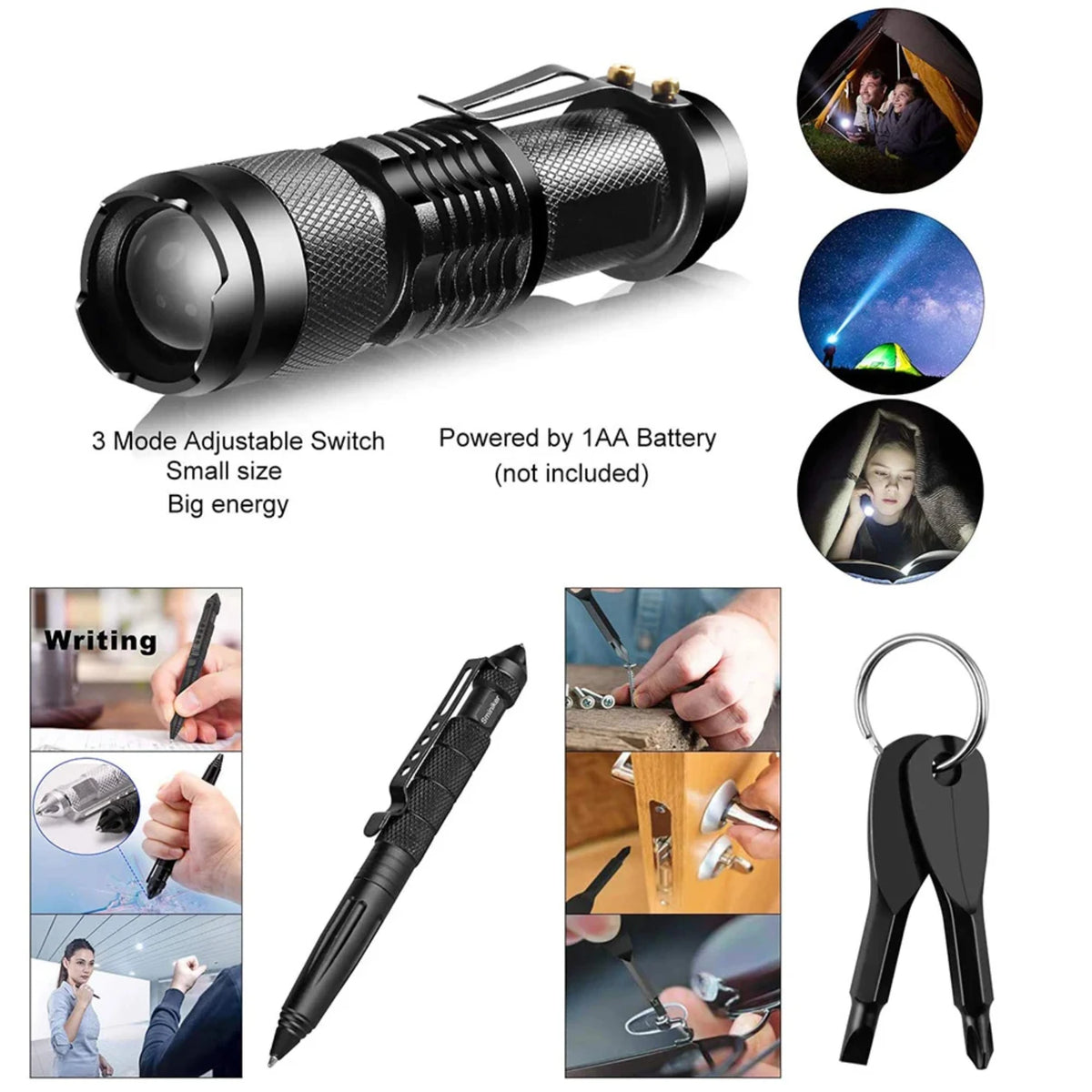 Kit di Sopravvivenza Base - 15 in 1 – Attrezzatura Tattica Multifunzione per Campeggio